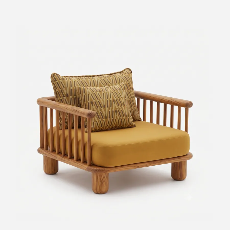 Etta Lounge Chair lounge chair — iroko wood frame with spindle sides and back rising from a rounded base on short turned feet, with a seat cushion in…
