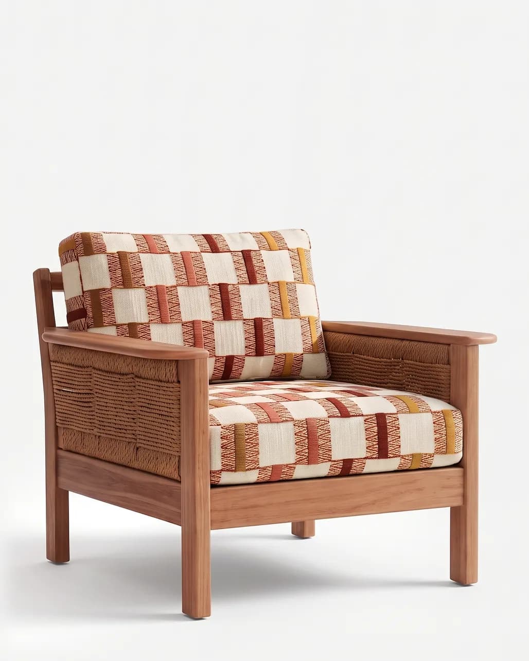 Ines Lounge Chair lounge chair — iroko wood frame with flat arms and woven rope panels filling the sides and back, finished with seat and back cushion…