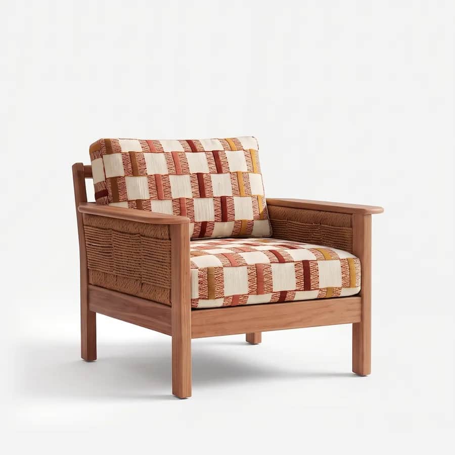 Ines Lounge Chair lounge chair — iroko wood frame with flat arms and woven rope panels filling the sides and back, finished with seat and back cushion…