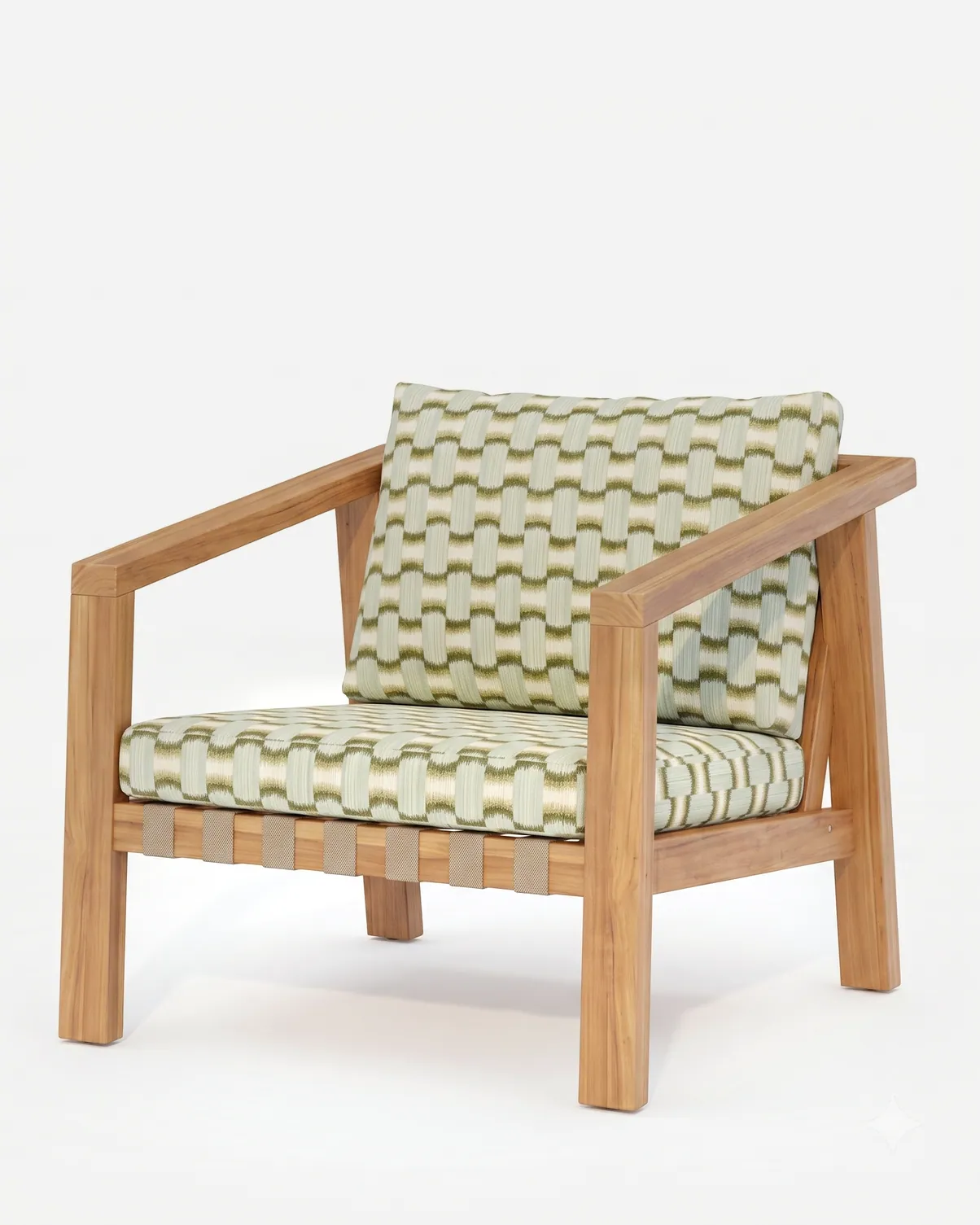 Kael Lounge Chair lounge chair — iroko wood frame with angled arms and a slatted back, with a strap-woven seat finished with seat and back cushions in…
