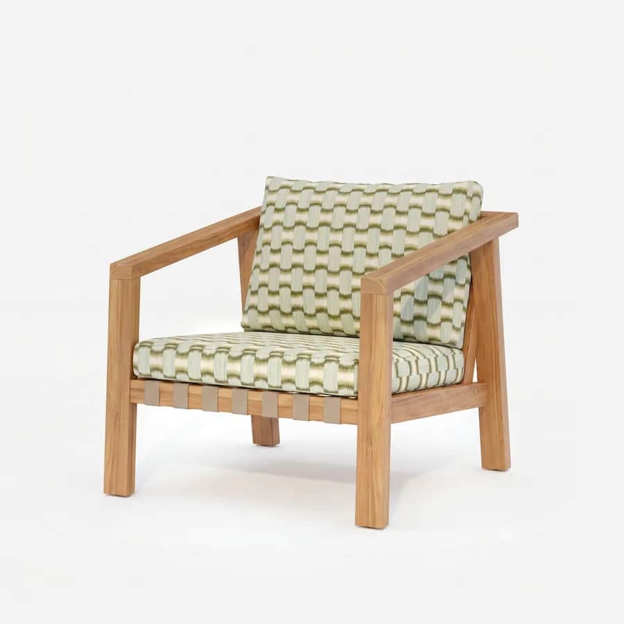Kael Lounge Chair lounge chair — iroko wood frame with angled arms and a slatted back, with a strap-woven seat finished with seat and back cushions in…