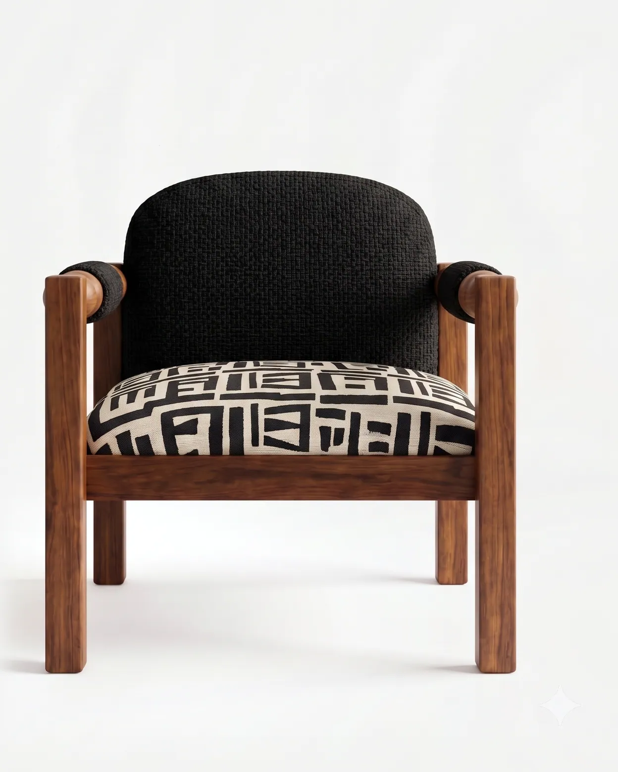 Kelly Lounge Chair lounge chair — iroko wood frame in a walnut stain with open arms topped by bead-turned rails, a rounded back in textured fabric and…