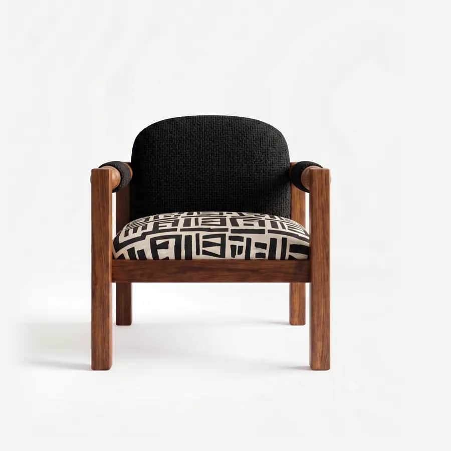 Kelly Lounge Chair lounge chair — iroko wood frame in a walnut stain with open arms topped by bead-turned rails, a rounded back in textured fabric and…