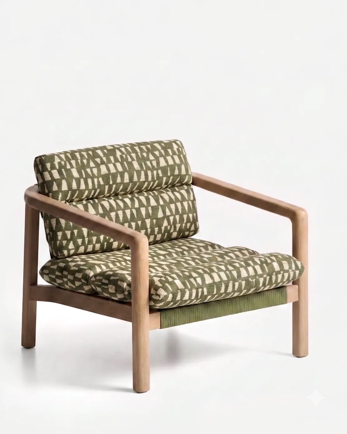Nia Lounge Chair lounge chair — teak wood frame with open arms and a rounded back rail, fitted with a woven rope seat and back strapping, and dressed…