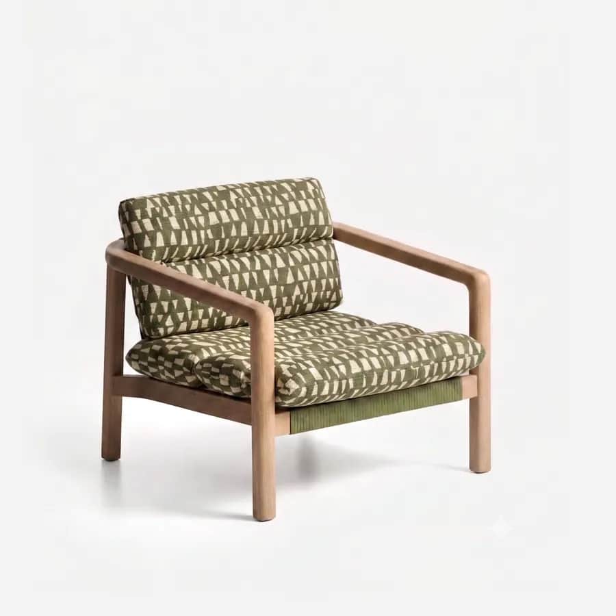 Nia Lounge Chair lounge chair — teak wood frame with open arms and a rounded back rail, fitted with a woven rope seat and back strapping, and dressed…