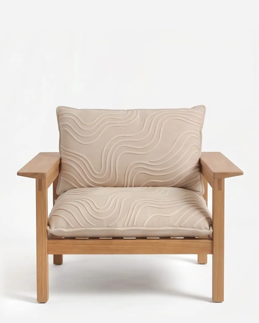Rhea Lounge Chair lounge chair — teak wood frame with broad flat armrests and a vertically slatted back, paired with loose seat and back cushions in a…