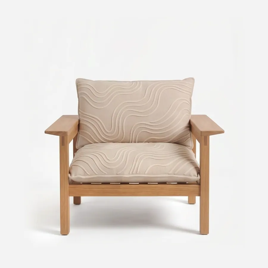 Rhea Lounge Chair lounge chair — teak wood frame with broad flat armrests and a vertically slatted back, paired with loose seat and back cushions in a…