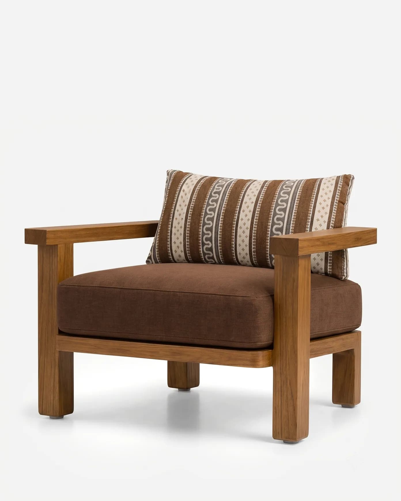 Sala Lounge Chair lounge chair — chunky Teak wood frame with wide flat armrests on square-section posts, paired with a deep seat cushion in plain fabr…