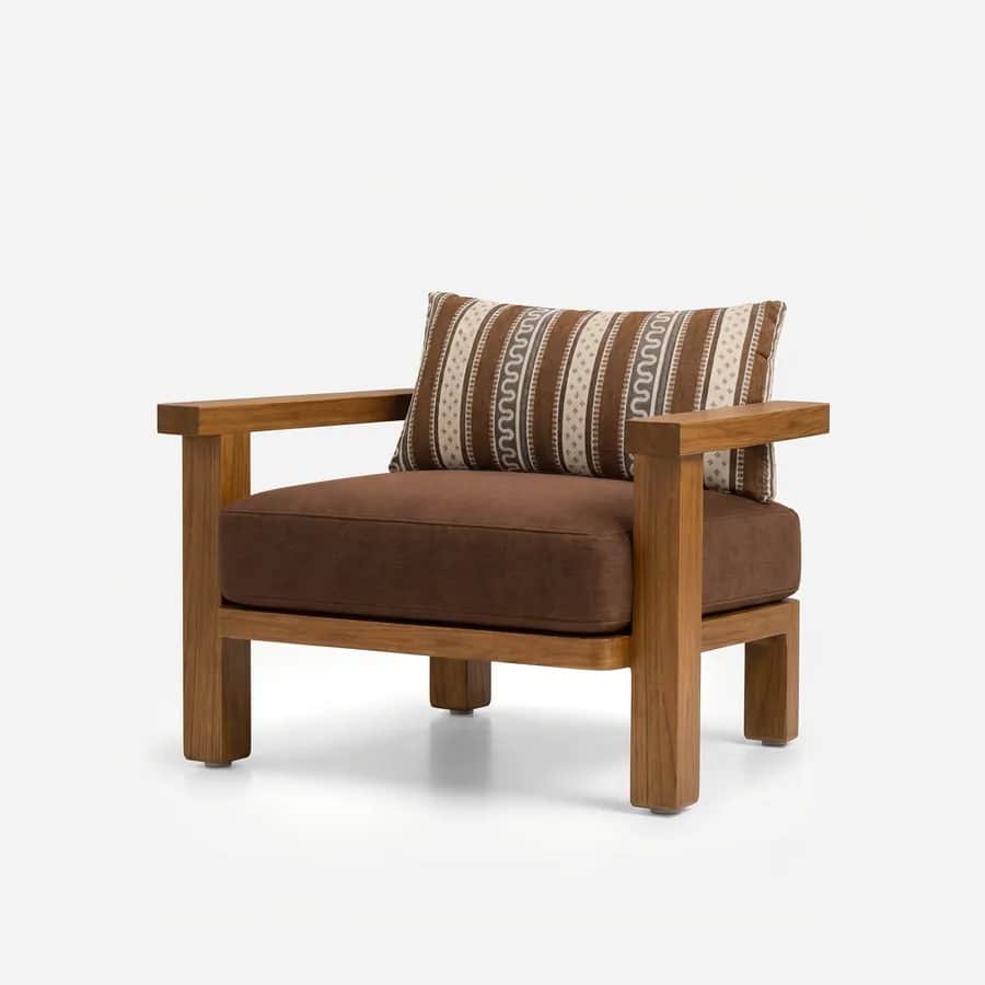 Sala Lounge Chair lounge chair — chunky Teak wood frame with wide flat armrests on square-section posts, paired with a deep seat cushion in plain fabr…