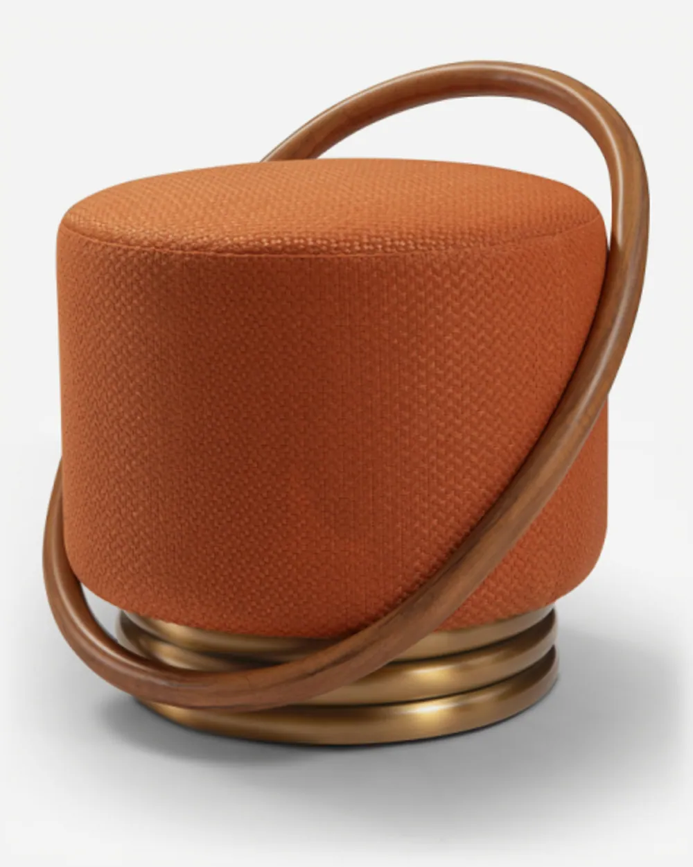 Kora Pouf pouf — a fully upholstered pouf with a patterned fabric seat, complemented by a sculptural wooden ring detail and a brushed…
