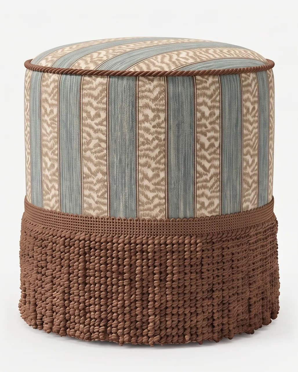 Niko Pouf pouf — round, fully upholstered pouf in a striped pattern fabric, with a corded top edge and a deep looped fringe skirt wrap…