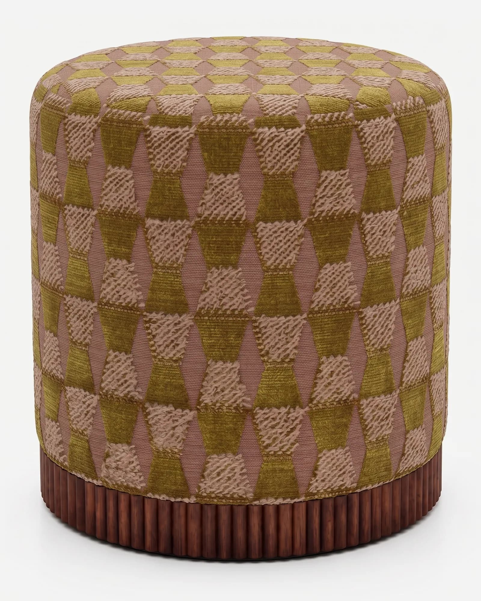Tilo Pouf pouf — walnut wood fluted base beneath a cylindrical body upholstered in pattern velvet, with a raised geometric motif on a…