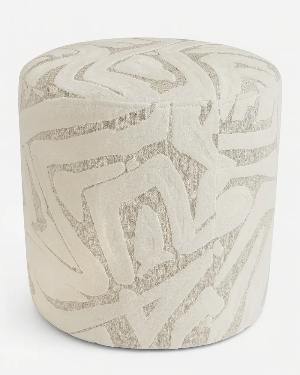 Tova Pouf pouf — fully upholstered in a patterned fabric for added character, completed with a rubber buffer to protect surfaces