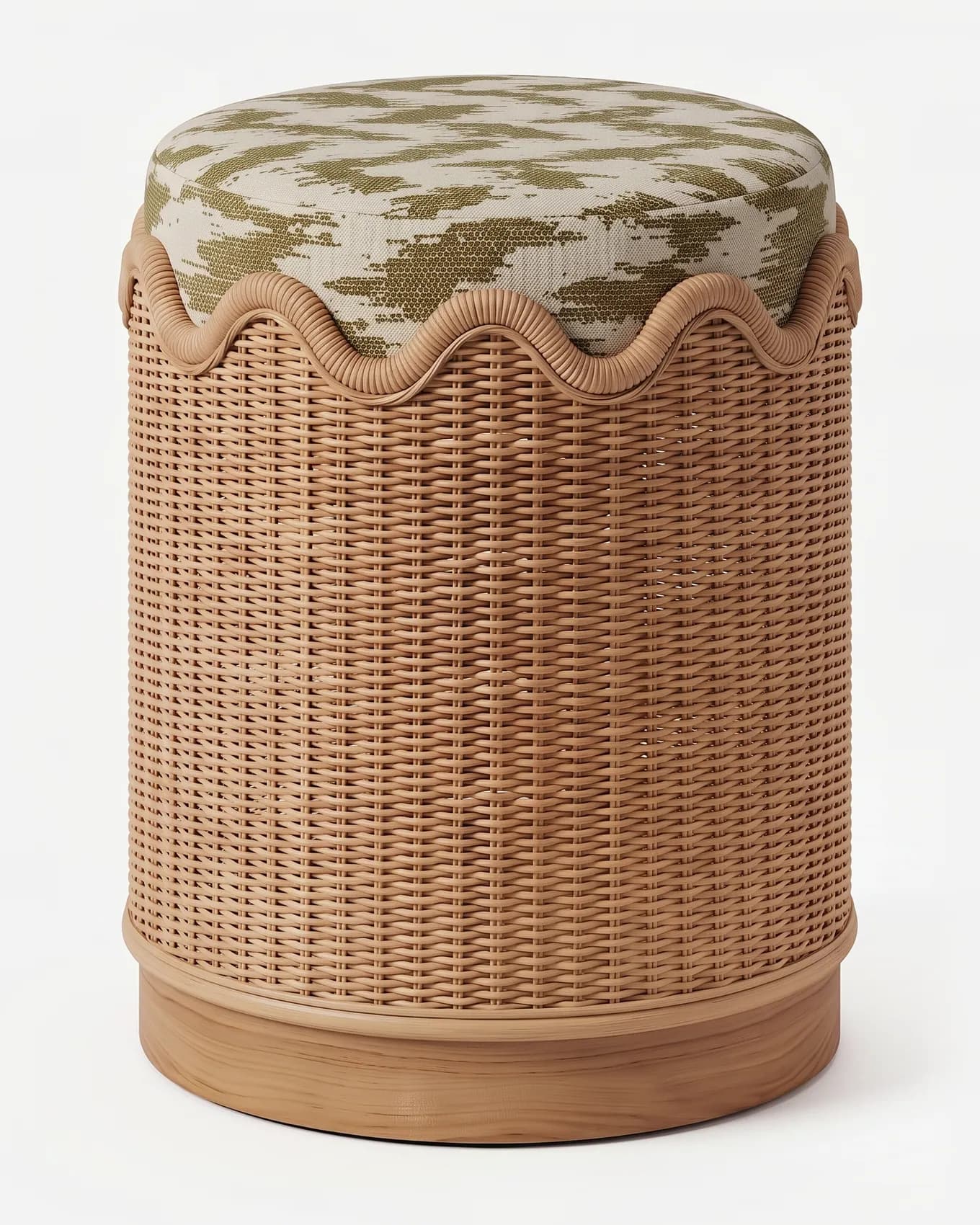 Drift Pouf pouf — woven rattan drum with a scalloped rattan rim, set on an iroko wood plinth and topped with a seat cushion upholstered…