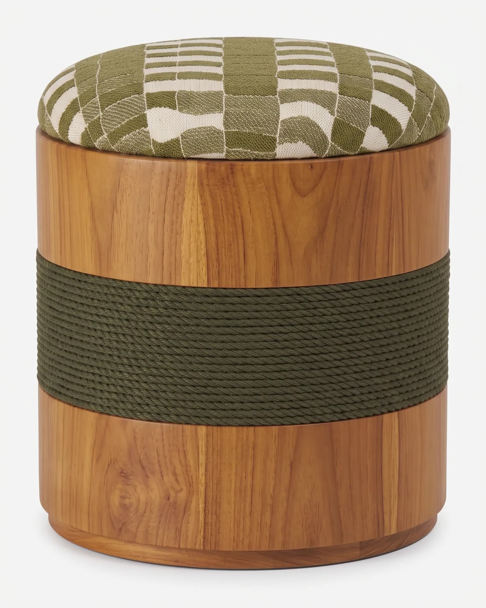 Tide Pouf pouf — teak wood drum with a rounded base edge and a wide band of woven rope wrapped around its middle, topped with a seat c…