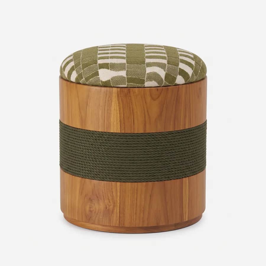 Tide Pouf pouf — teak wood drum with a rounded base edge and a wide band of woven rope wrapped around its middle, topped with a seat c…