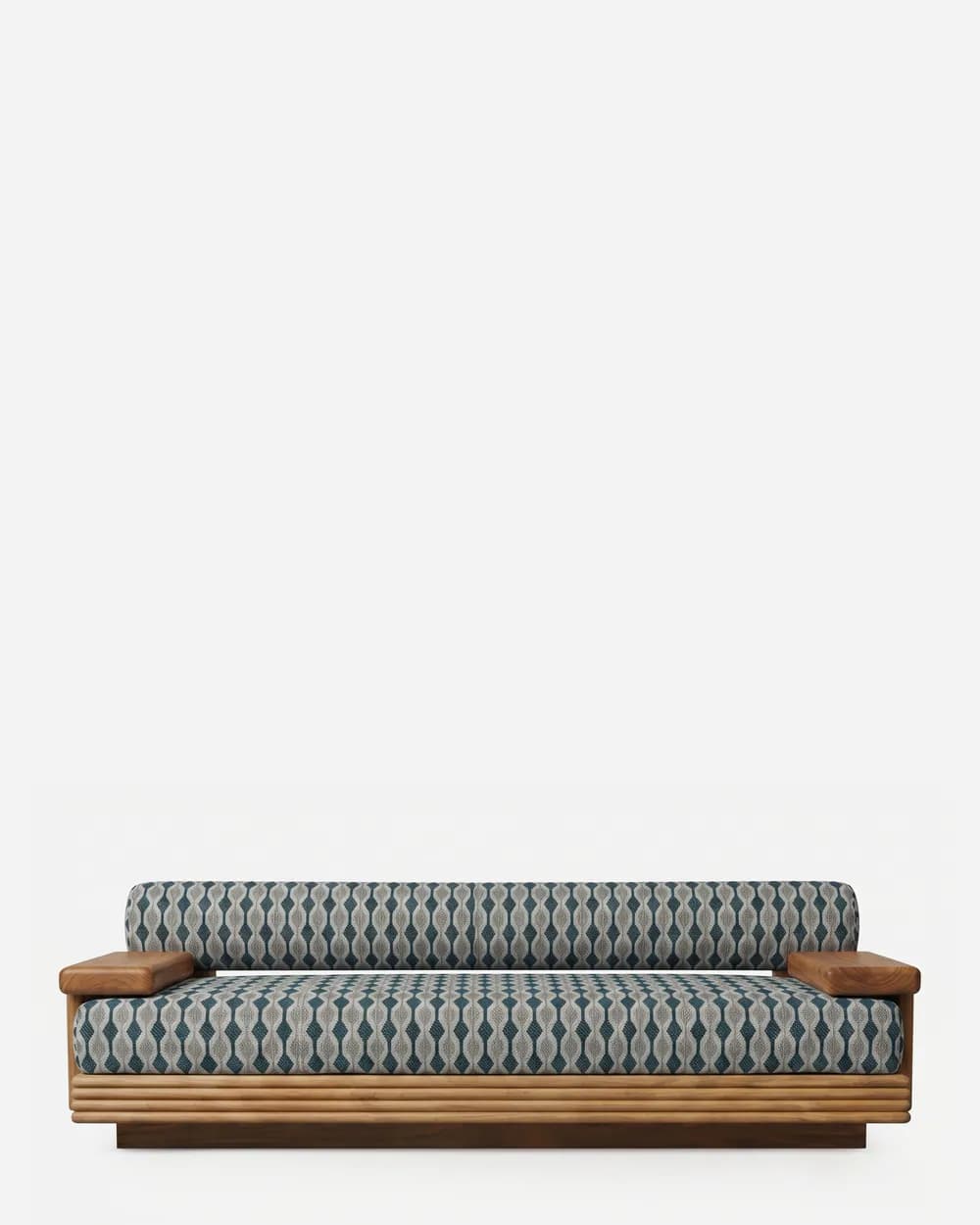 Calloway Sofa sofa — low iroko wood base with reeded horizontal banding and short block armrests, with a long seat cushion and a single bo…