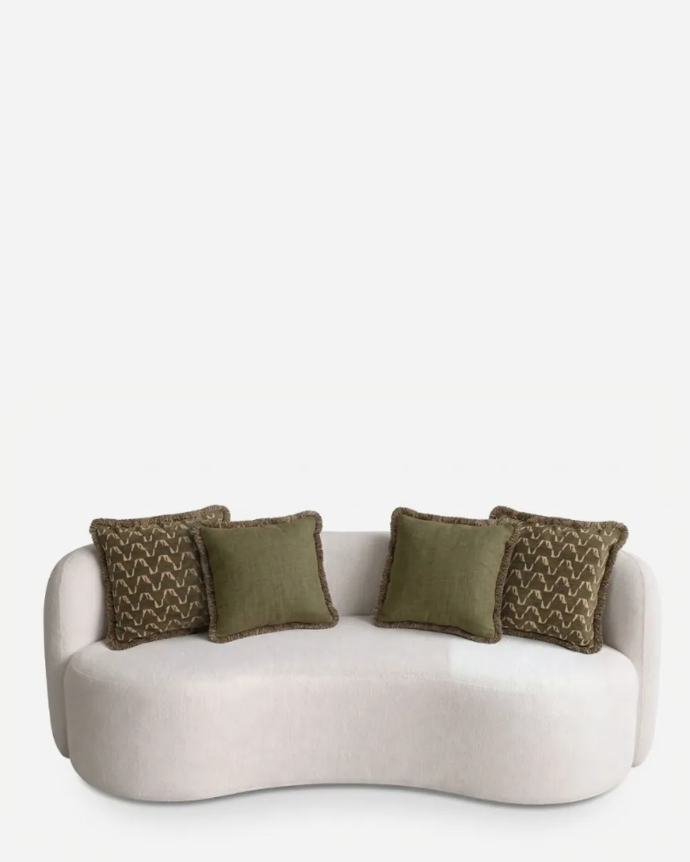 Ember Sofa sofa — curved sofa fully upholstered in a textured bouclé fabric, with a rounded back wrapping into low sides, a deep kidney…