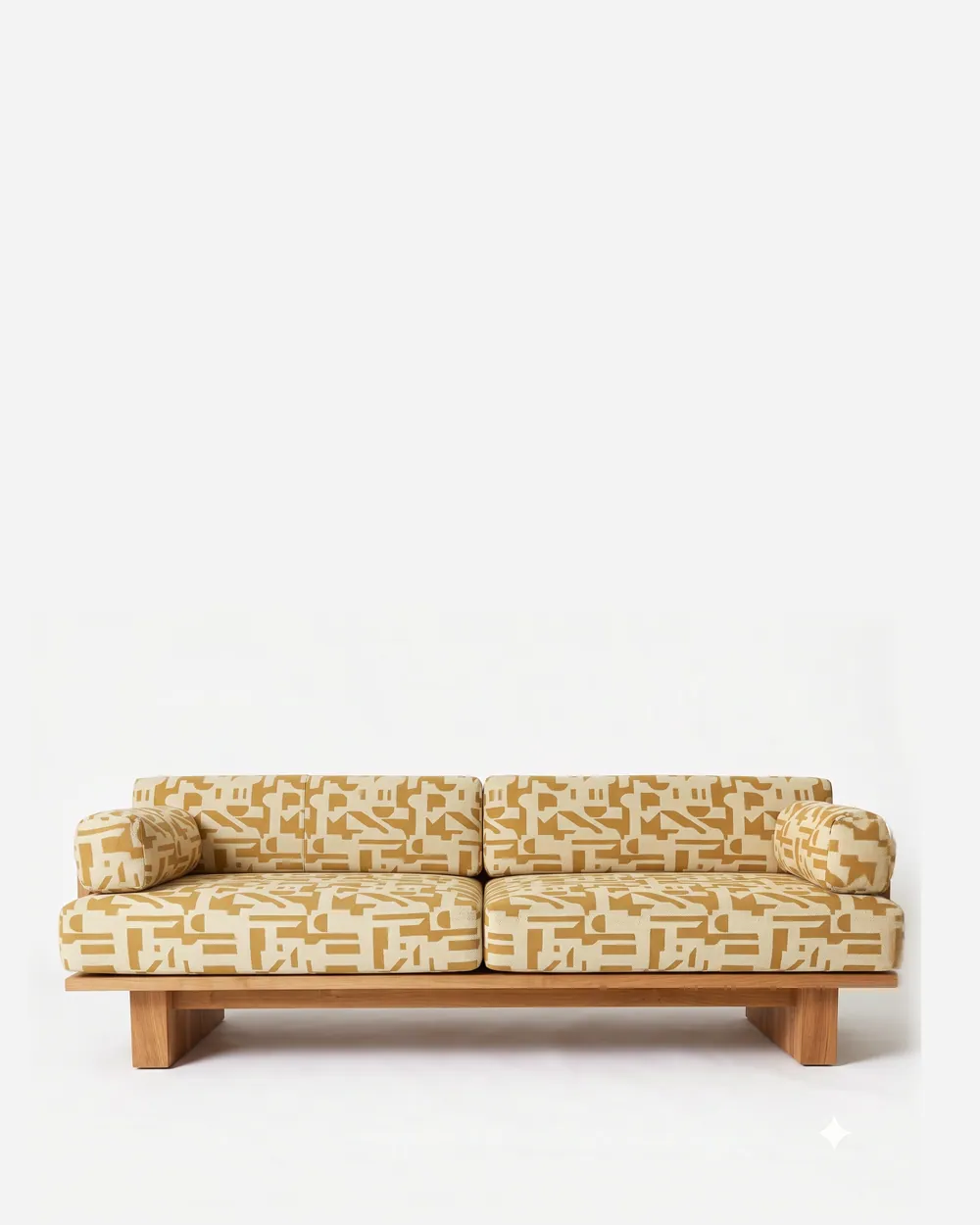 Ephraim Sofa sofa — iroko wood frame with a curved, vertically slatted back and sides on block sled feet, with loose seat, back and bolst…