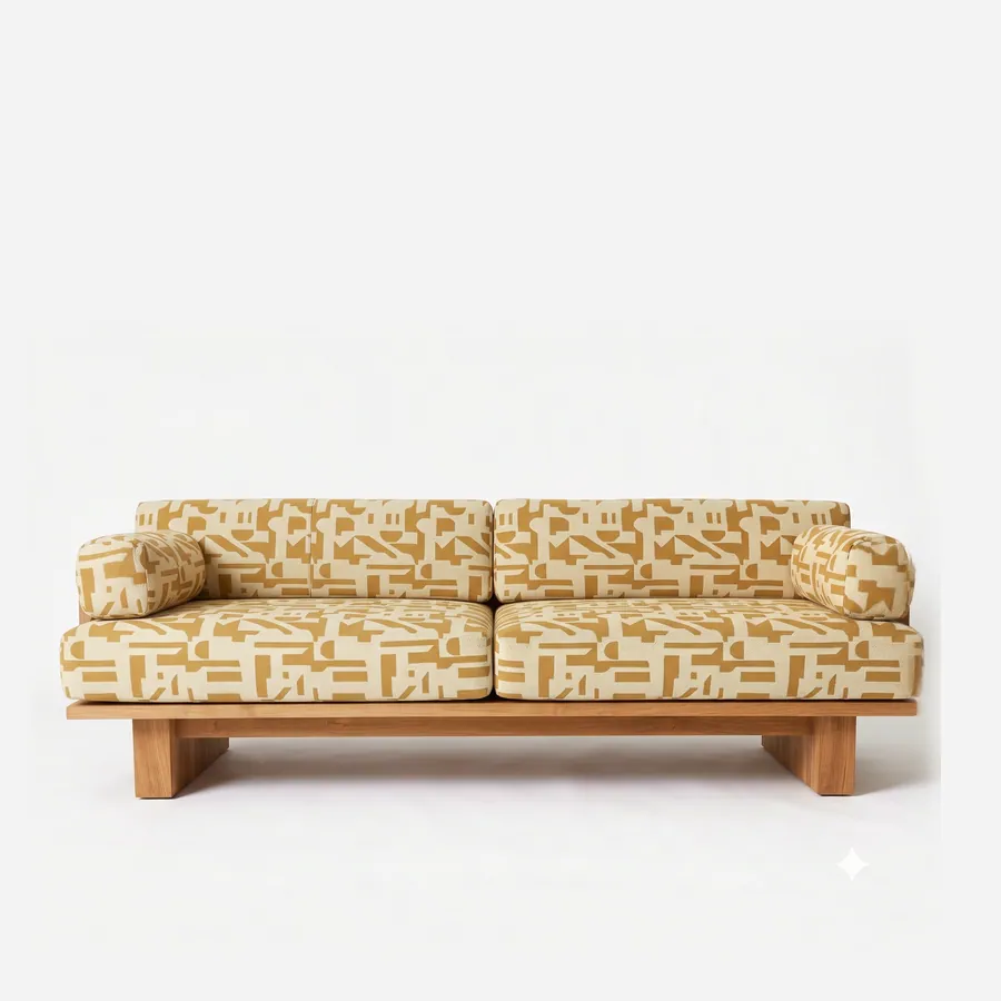 Ephraim Sofa sofa — iroko wood frame with a curved, vertically slatted back and sides on block sled feet, with loose seat, back and bolst…
