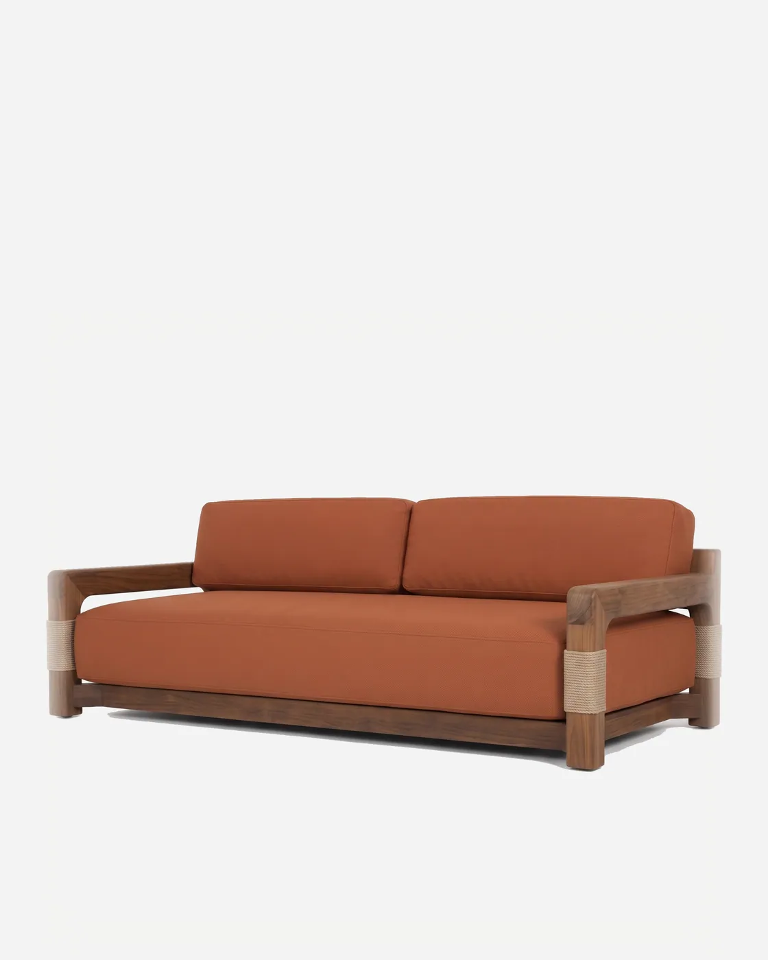 Gideon Sofa sofa — iroko wood frame in a walnut stain with a stacked rail back and open box arms, the corner posts wrapped in woven rope…