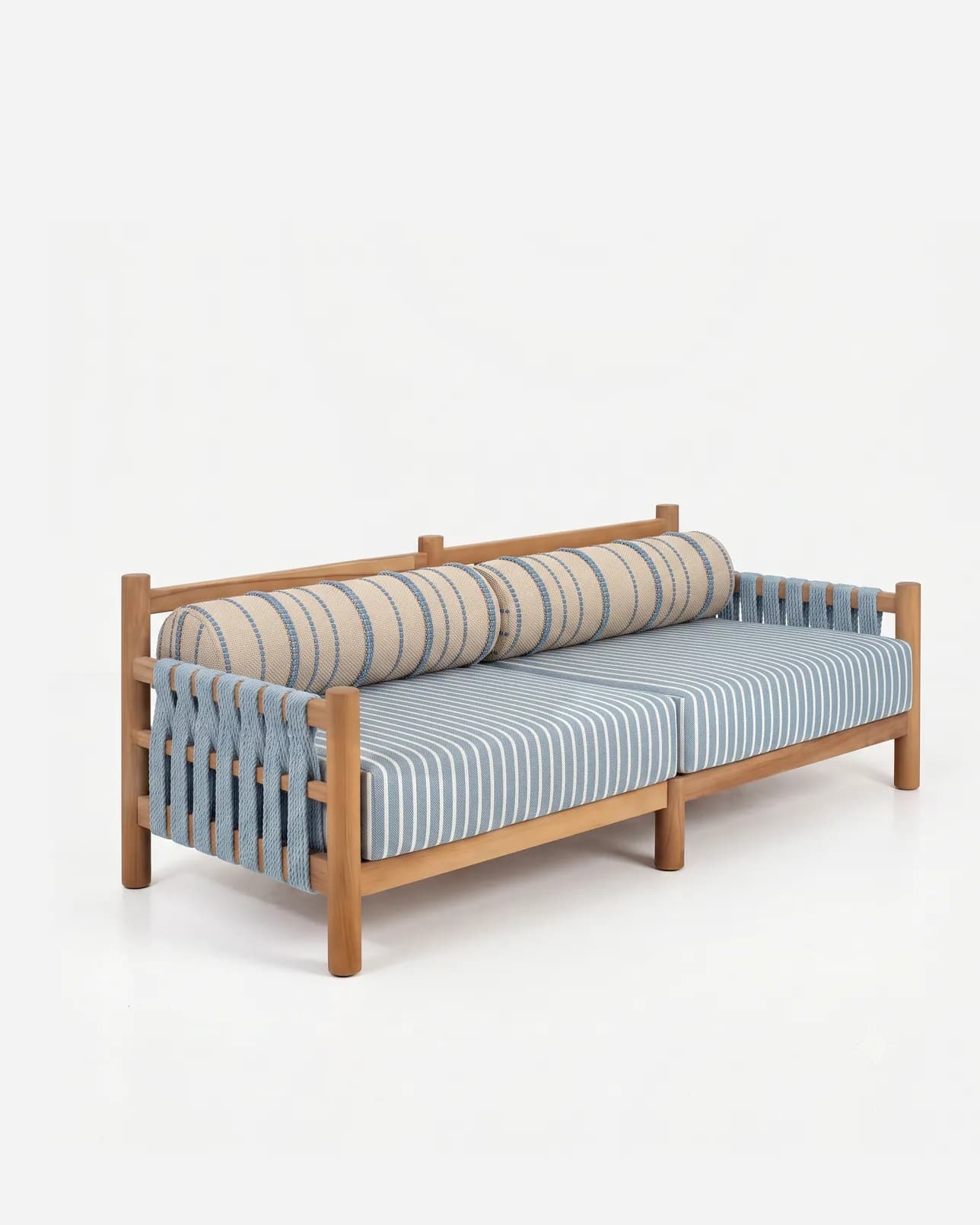 Magnus Sofa sofa — teak wood post-and-rail frame with woven rope strap panels to the back and sides, with loose striped seat cushions an…