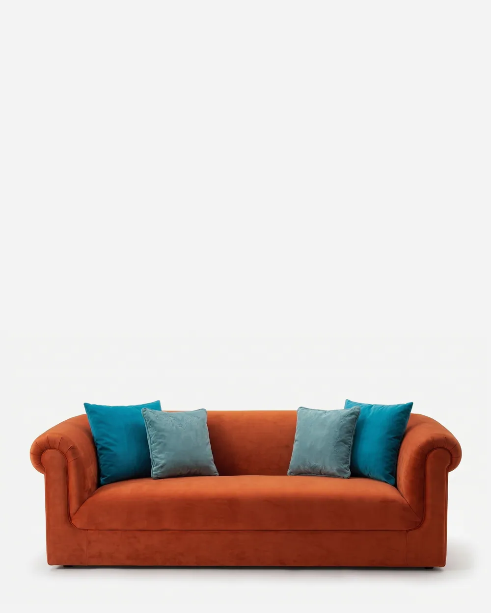 Noa Sofa sofa — three-seat sofa fully upholstered in velvet, with a continuous low back, rolled arms of matching height, a single lon…