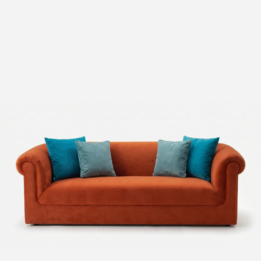 Noa Sofa sofa — three-seat sofa fully upholstered in velvet, with a continuous low back, rolled arms of matching height, a single lon…