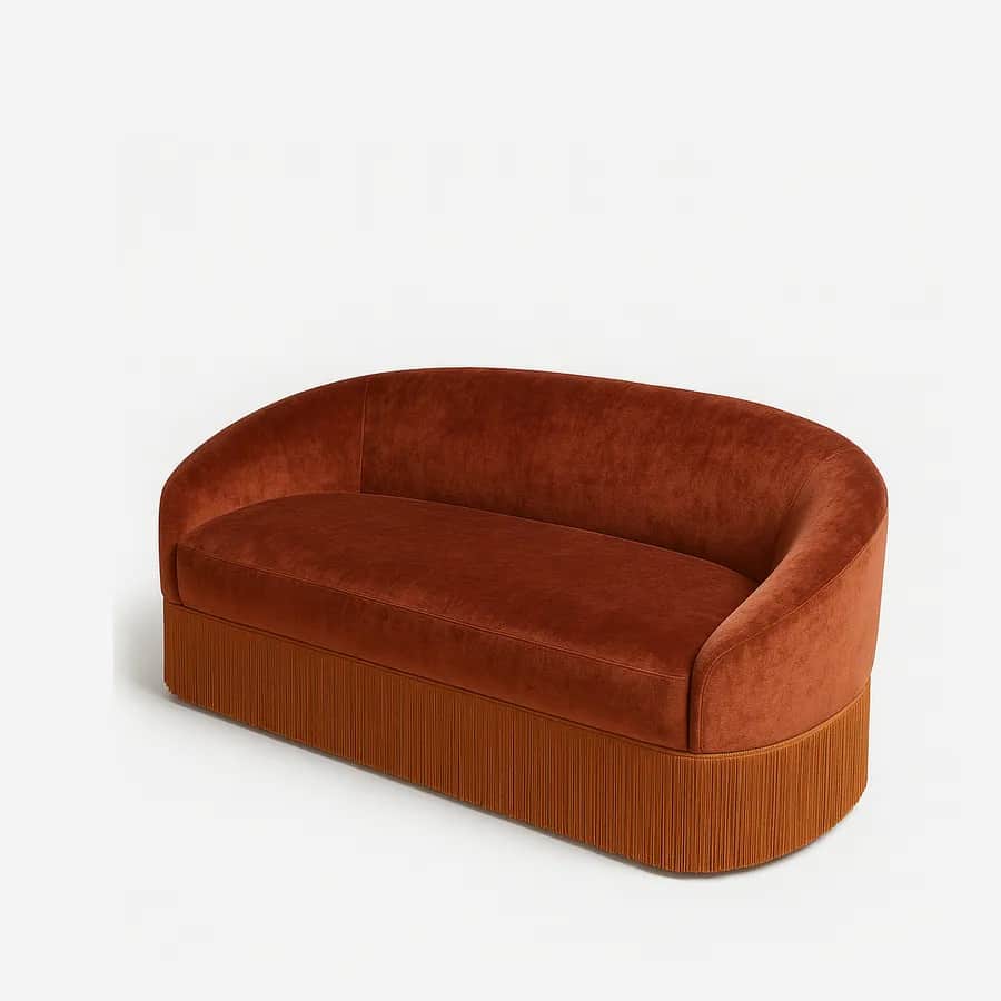 Nuvé Sofa sofa — seat and back upholstered in rich velvet with fringe detailing