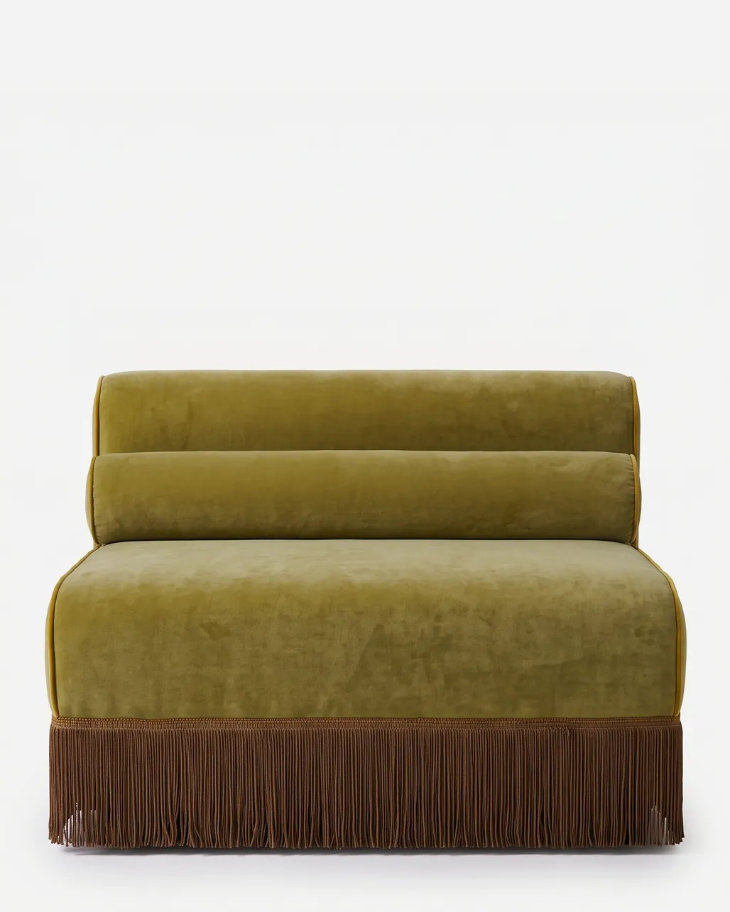 Sage Sofa sofa — armless sofa module upholstered in velvet with contrast piping, a deep cushioned seat, a stepped back with a bolster…