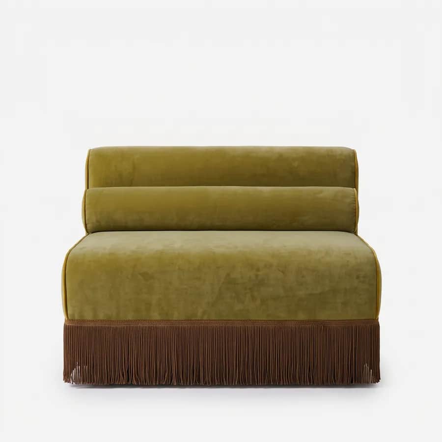Sage Sofa sofa — armless sofa module upholstered in velvet with contrast piping, a deep cushioned seat, a stepped back with a bolster…