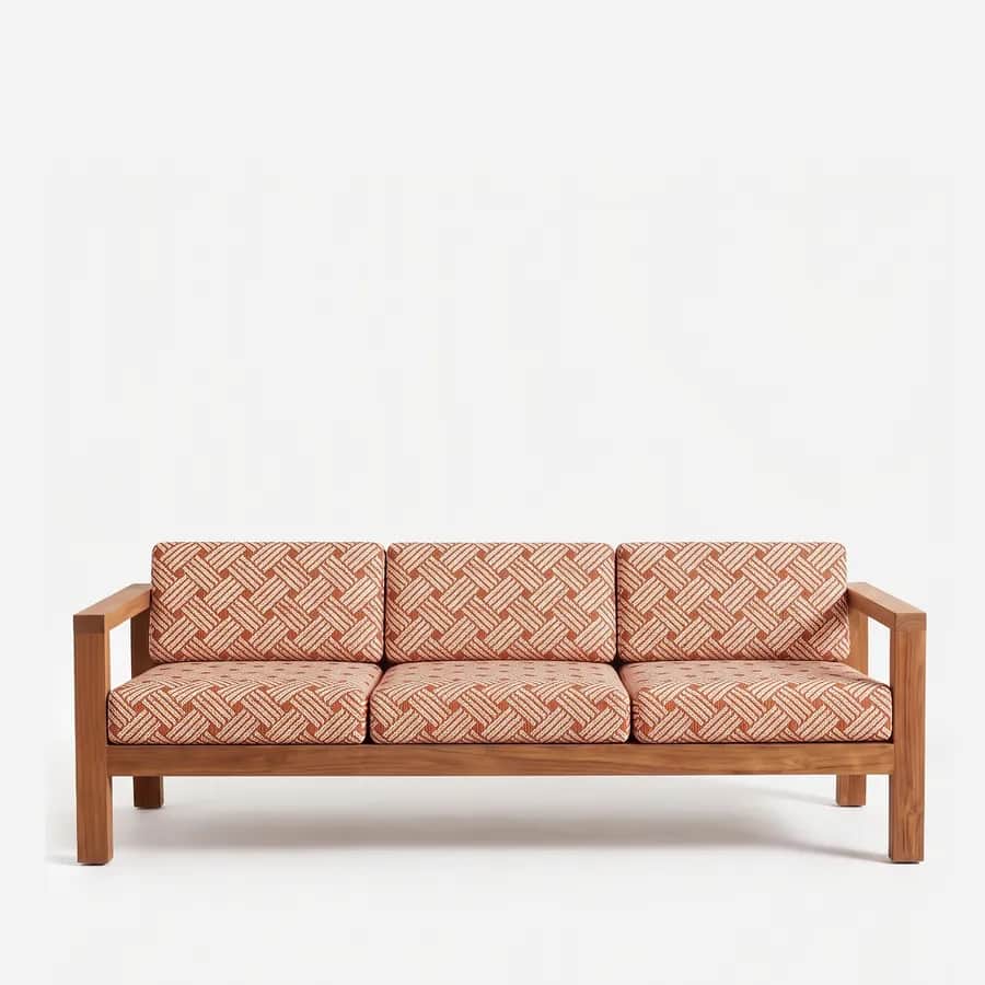 Talia Sofa sofa — teak wood frame with open slatted arms and a horizontally slatted back, set on square legs, with three loose seat and…