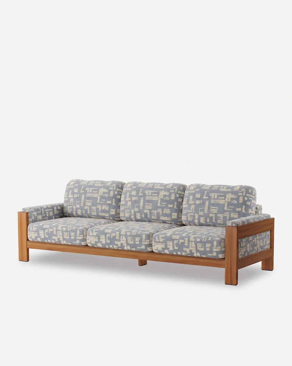 Thorne Sofa sofa — iroko wood frame with a vertically slatted back and panelled sides, with three loose seat and back cushions and padde…
