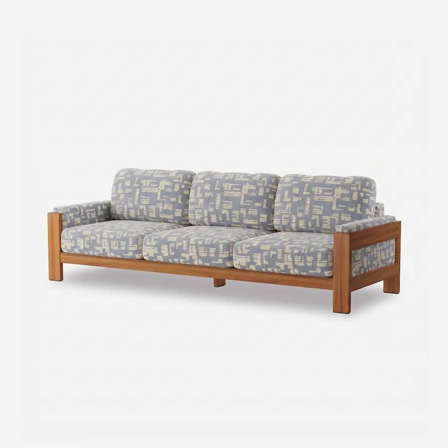 Thorne Sofa sofa — iroko wood frame with a vertically slatted back and panelled sides, with three loose seat and back cushions and padde…