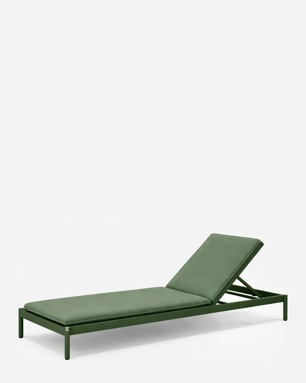 Alora Sun Lounger sun lounger — slim metal frame in powder coated green with an adjustable backrest and slender legs, with a full-length cushion in m…