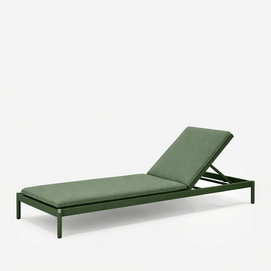 Alora Sun Lounger sun lounger — slim metal frame in powder coated green with an adjustable backrest and slender legs, with a full-length cushion in m…