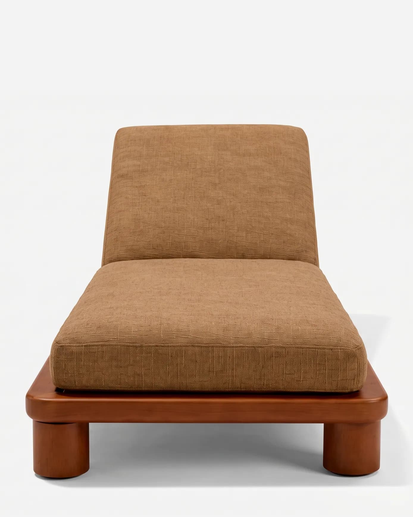 Aroha Sun Lounger sun lounger — iroko wood frame with rounded edges on short cylindrical legs, with an adjustable backrest and a deep full-length cus…