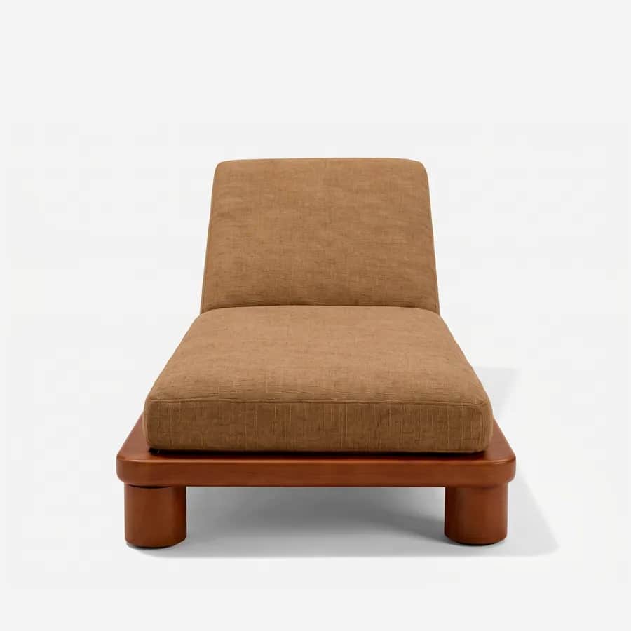 Aroha Sun Lounger sun lounger — iroko wood frame with rounded edges on short cylindrical legs, with an adjustable backrest and a deep full-length cus…