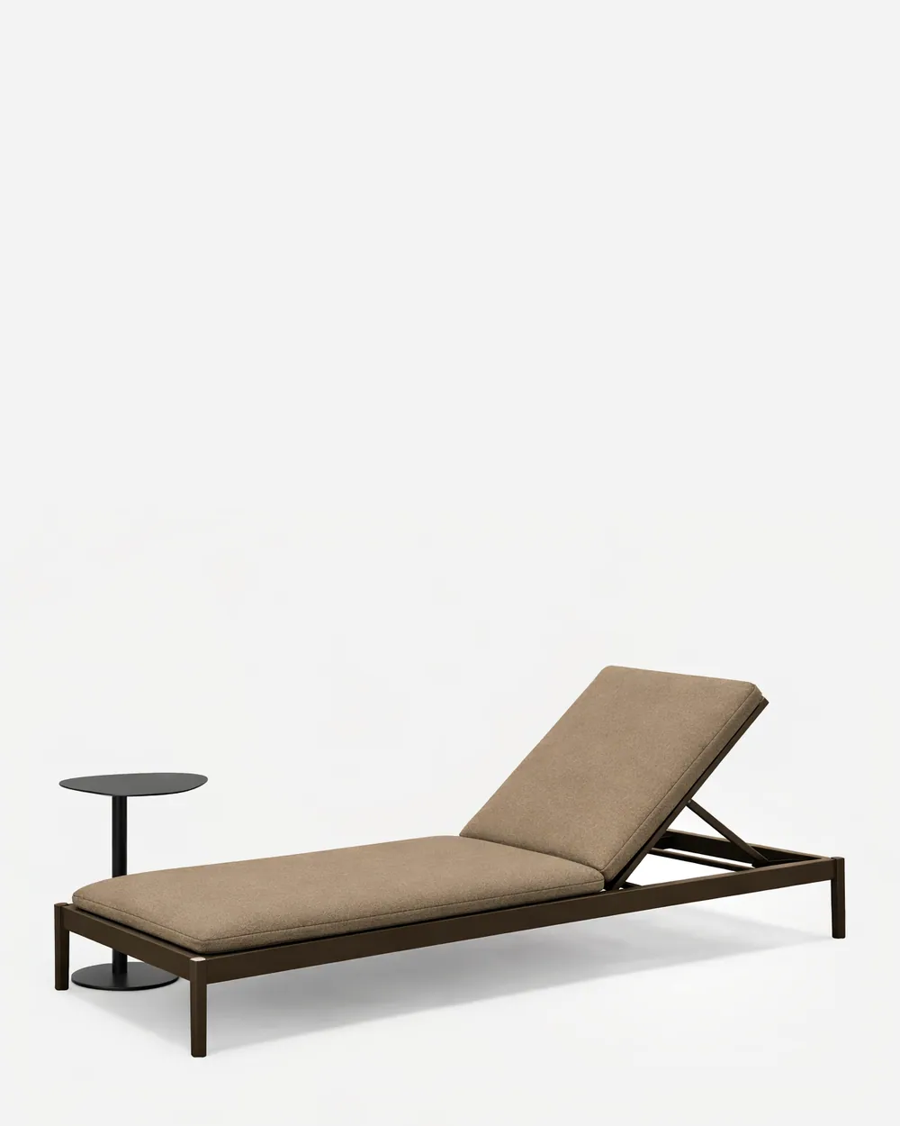 Eira Sun Lounger sun lounger — slim metal frame in electroplated graphite with an adjustable backrest and slender legs at each corner, with a full-l…