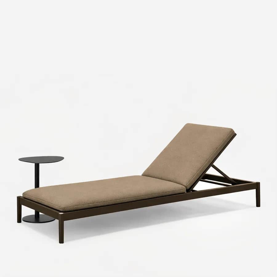 Eira Sun Lounger sun lounger — slim metal frame in electroplated graphite with an adjustable backrest and slender legs at each corner, with a full-l…