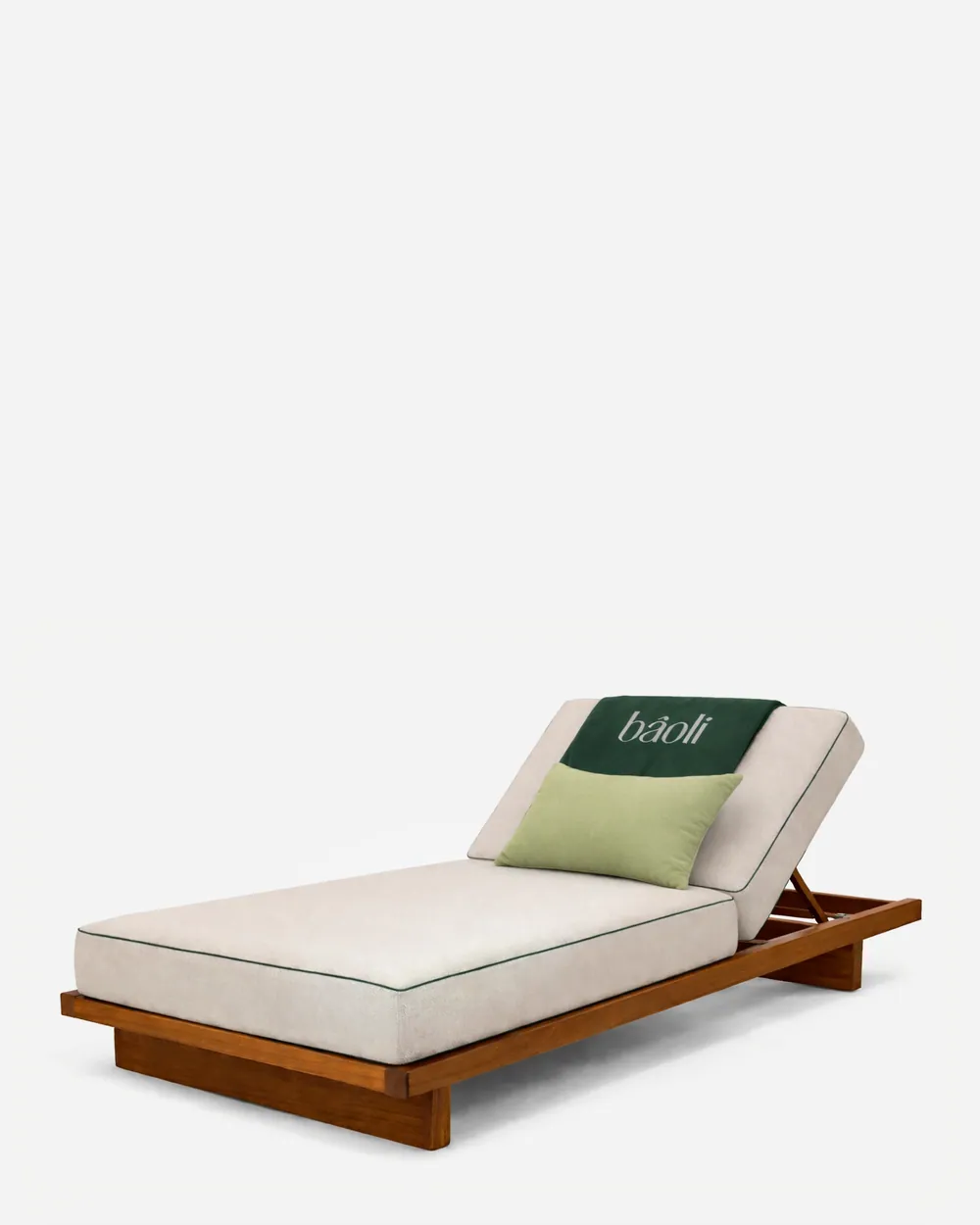 Mykonos sun lounger — iroko wood frame on a low platform base with a full-length mattress in plain fabric; the backrest section lifts to ad…