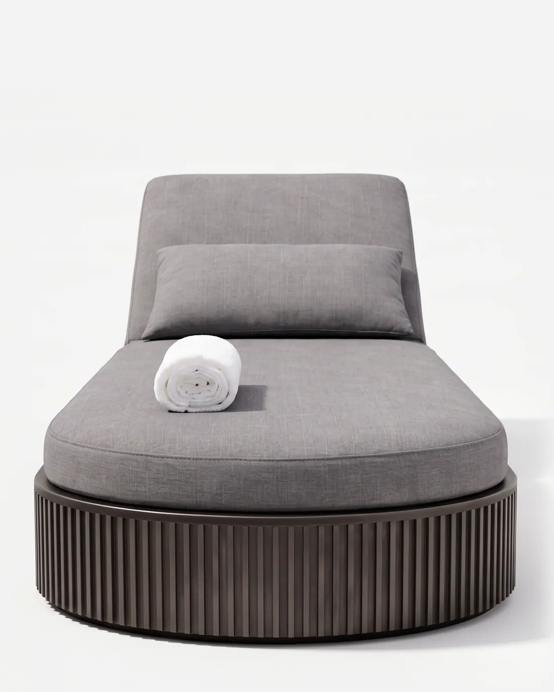 Naya Sun Lounger sun lounger — oval lounger with a vertically fluted metal base in electroplated graphite, an adjustable backrest and a deep full-le…