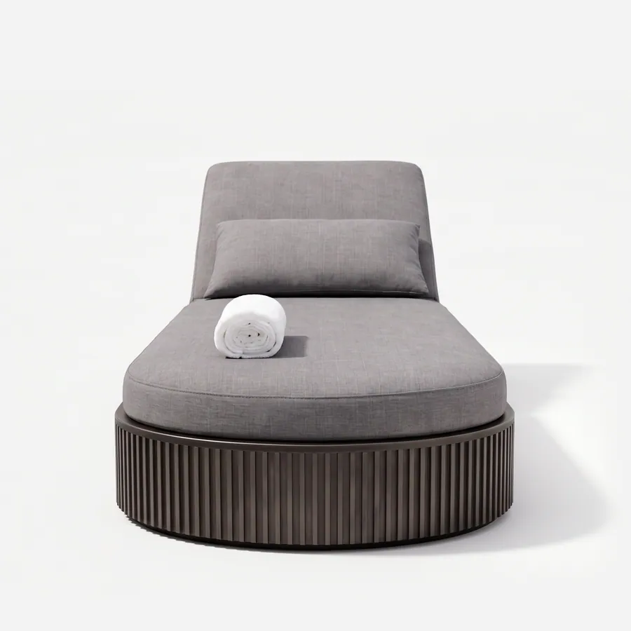 Naya Sun Lounger sun lounger — oval lounger with a vertically fluted metal base in electroplated graphite, an adjustable backrest and a deep full-le…