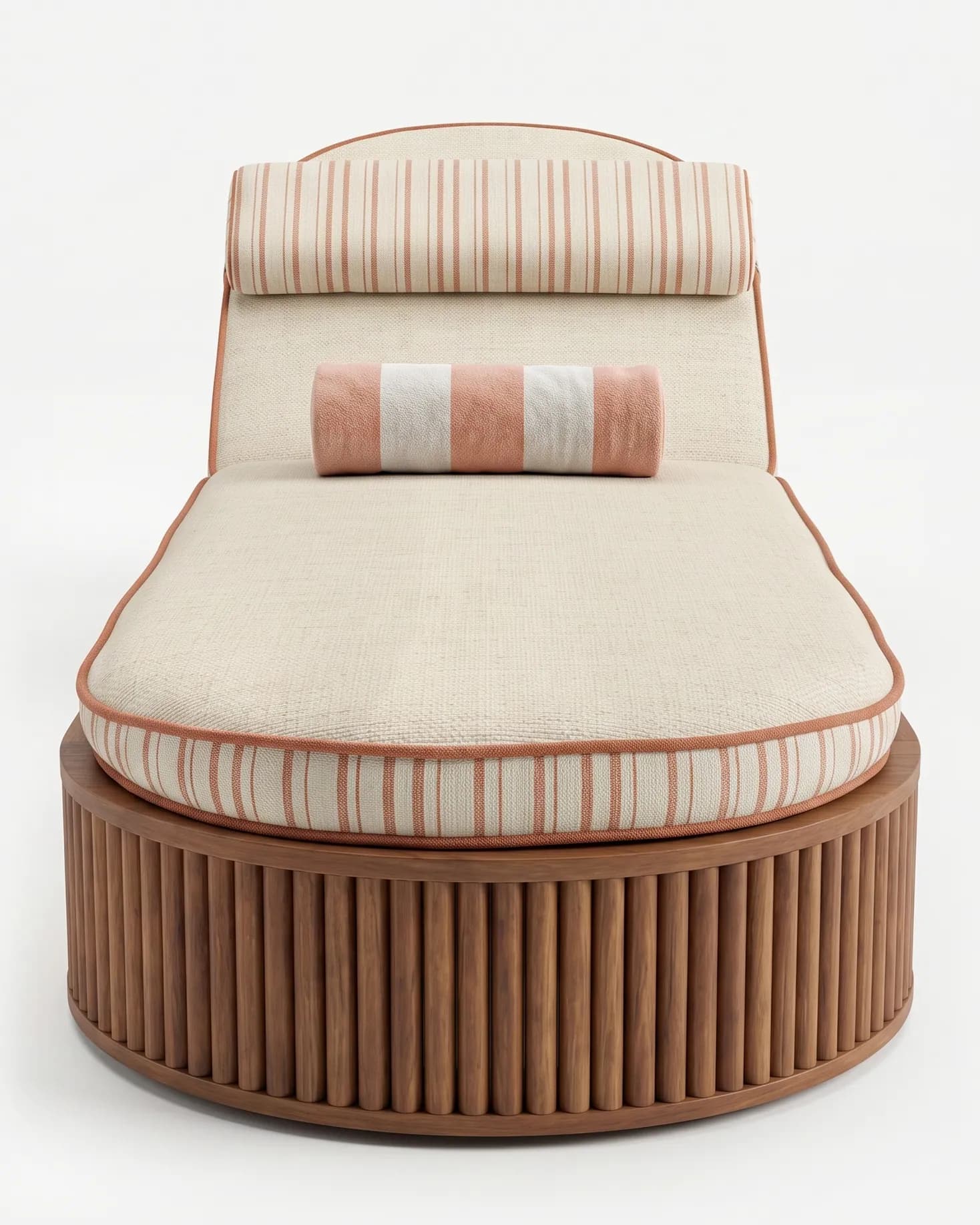 Oryn Sun Lounger sun lounger — oval lounger with a fluted iroko wood base in a walnut stain, an adjustable backrest and a deep cushion in textured f…
