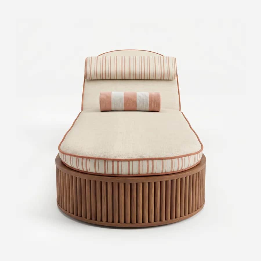 Oryn Sun Lounger sun lounger — oval lounger with a fluted iroko wood base in a walnut stain, an adjustable backrest and a deep cushion in textured f…
