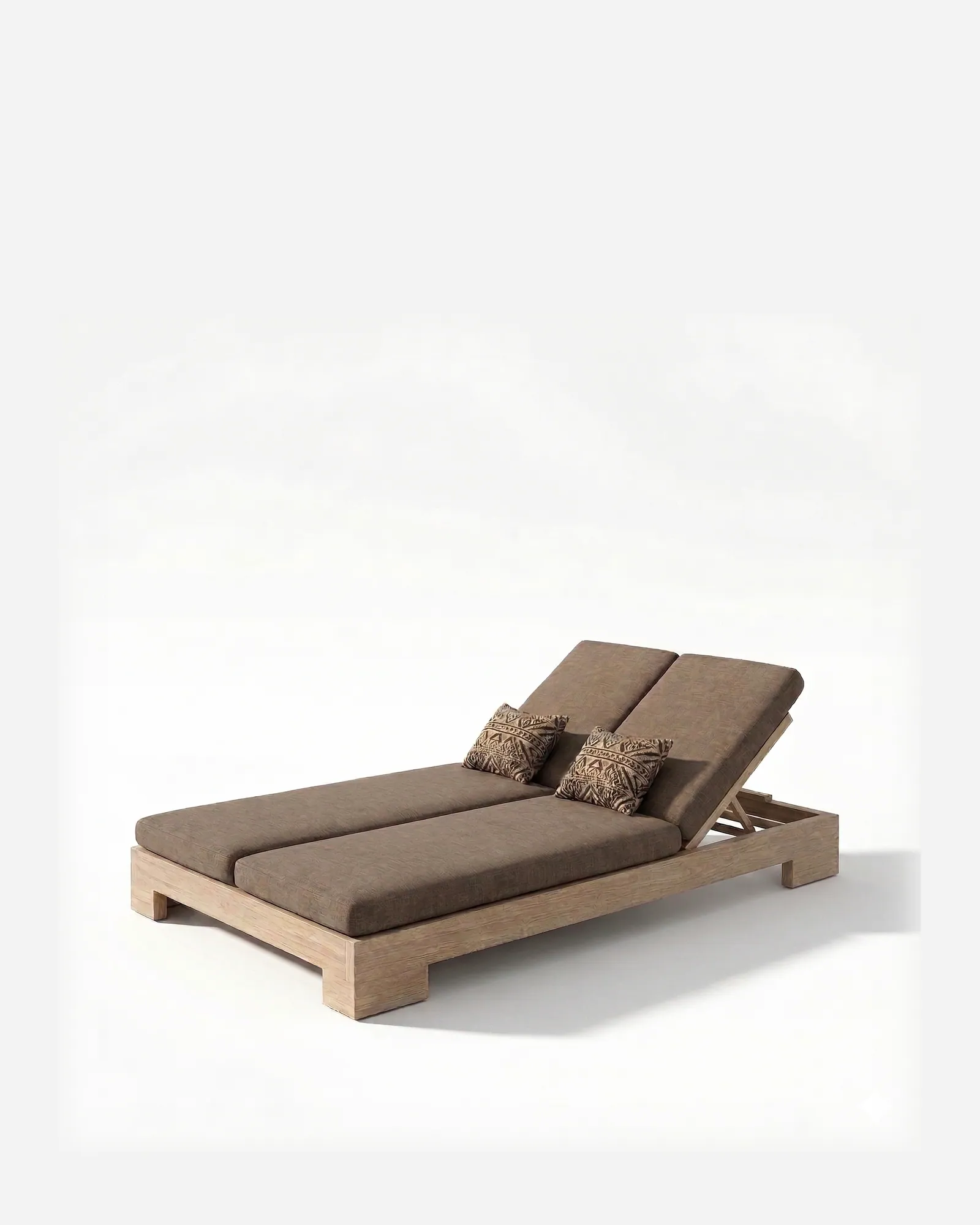 Solene Sun Lounger sun lounger — double lounger with a chunky teak wood block frame and twin adjustable backrests, with two full-length cushions in pl…