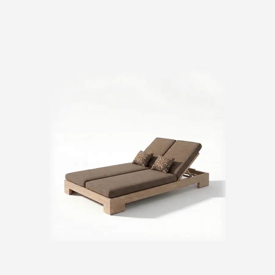 Solene Sun Lounger sun lounger — double lounger with a chunky teak wood block frame and twin adjustable backrests, with two full-length cushions in pl…