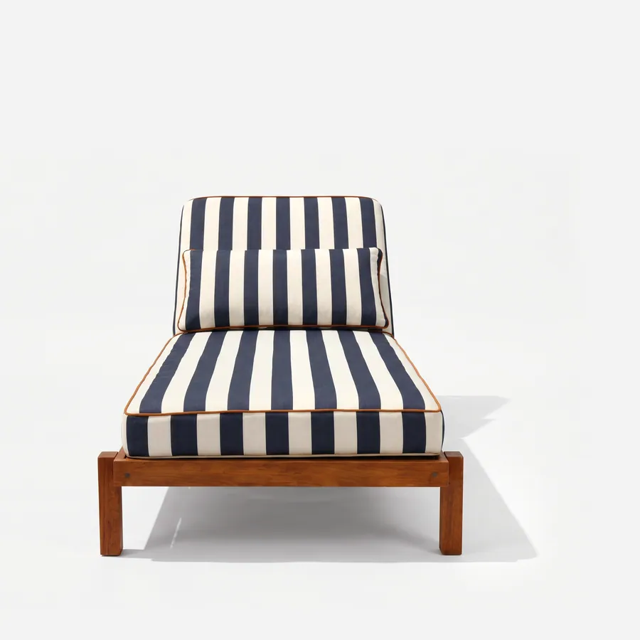 Veya Sun Lounger sun lounger — iroko wood frame on square legs with an adjustable backrest, with a full-length striped cushion and loose back cushio…
