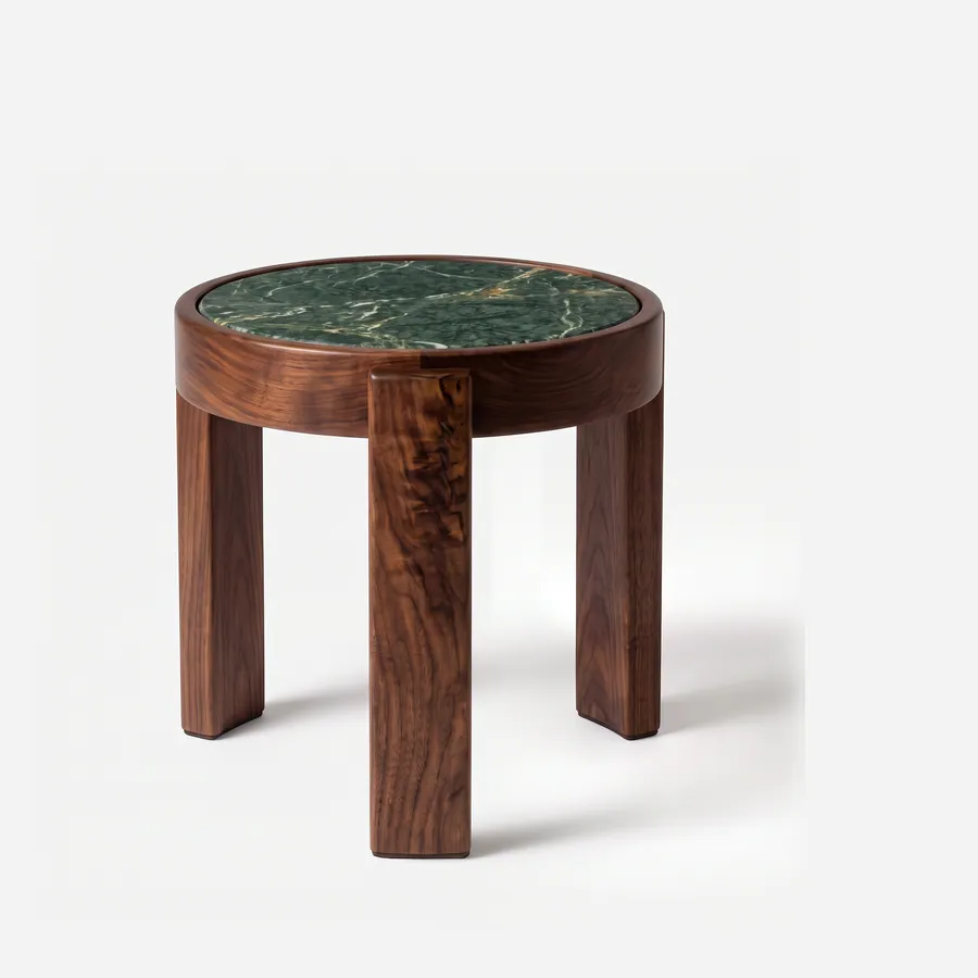 Caspian Side Table side table — walnut wood frame in a natural finish, with three broad, flat legs wrapping up around a round ring that holds an inse…