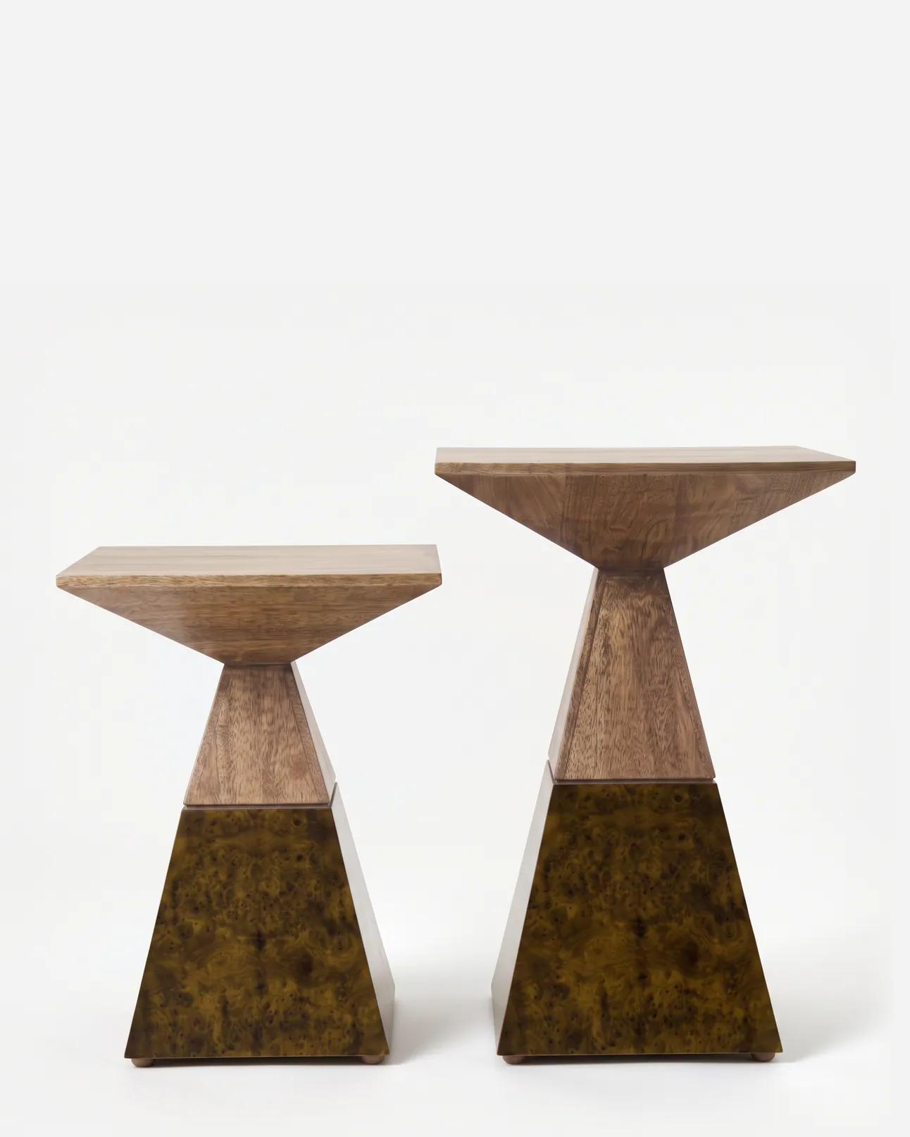 Elvik Side Table side table — walnut wood square top in a natural finish on a tapering neck, meeting an inverted pyramid base in electroplated bras…